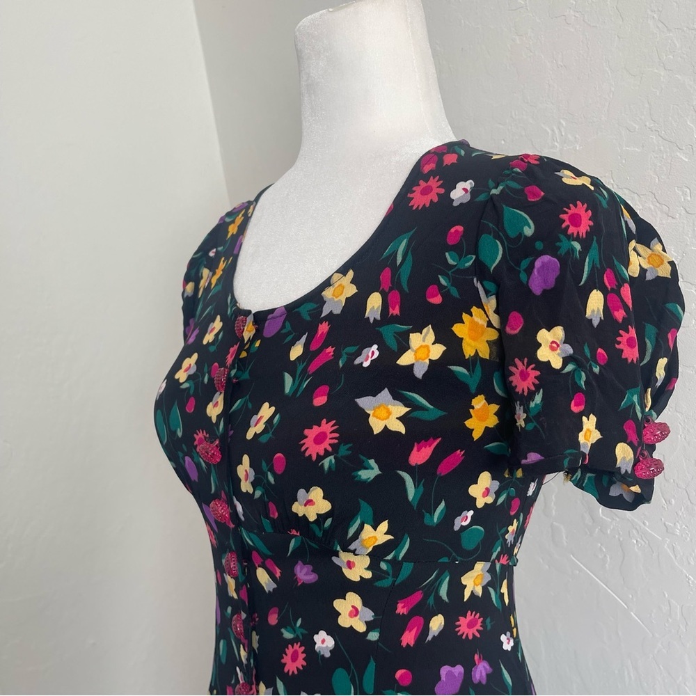 Vintage 1990s Betsey Johnson Black Floral Mini Dress Button Front Womens Size XS - Picture 5 of 10